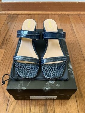 Inez Navy Croc-Embossed Double-Strap Slide Heels